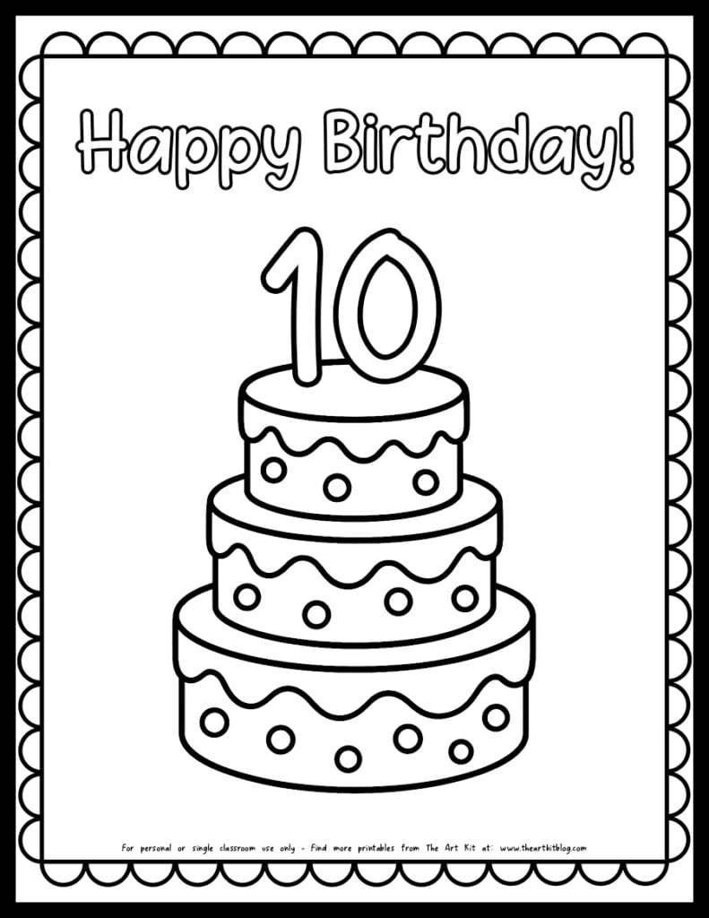 happy 10th birthday cake coloring page free printable preview