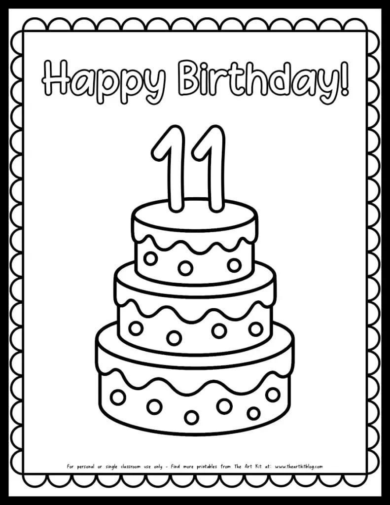 happy 11th birthday cake coloring page free printable preview