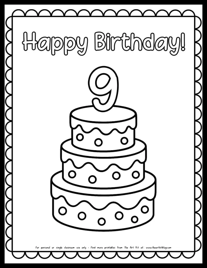 happy 9th birthday cake coloring page free printable preview