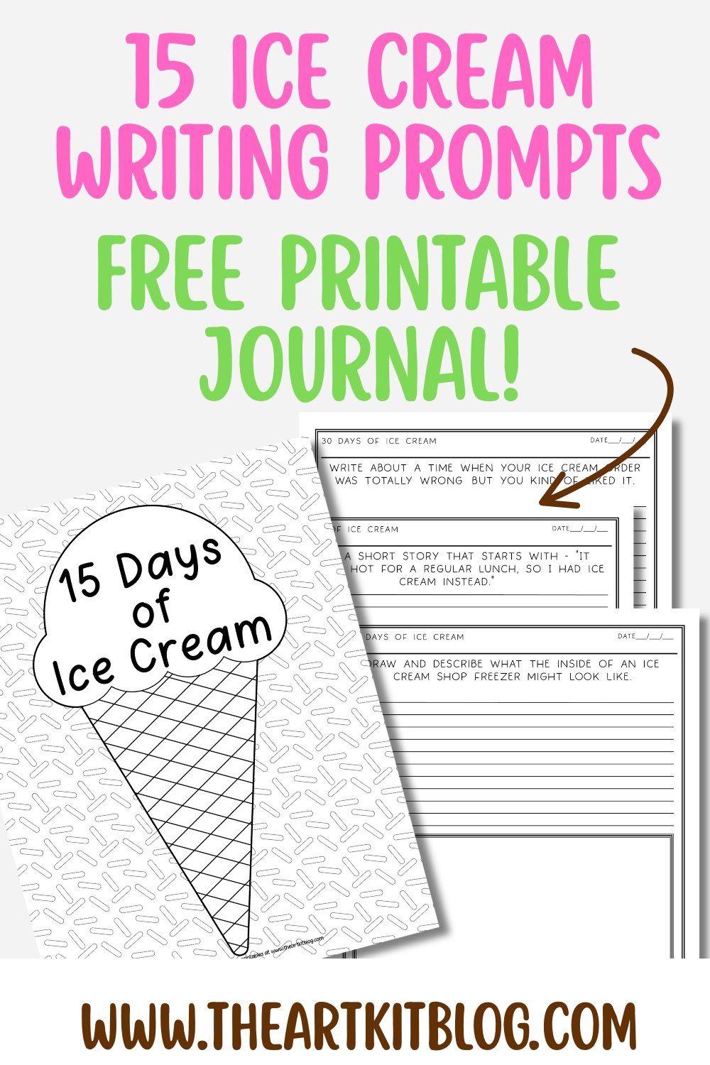 15 ice cream writing prompts for kids! Download this free printable ice cream writing journal with fun writing and drawing prompts. Perfect for homeschool or summer learning!