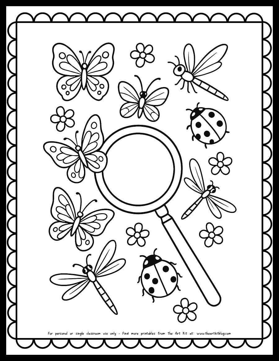 ladybug-butterflies-magnifying-glass-nature-coloring-page-printable copy