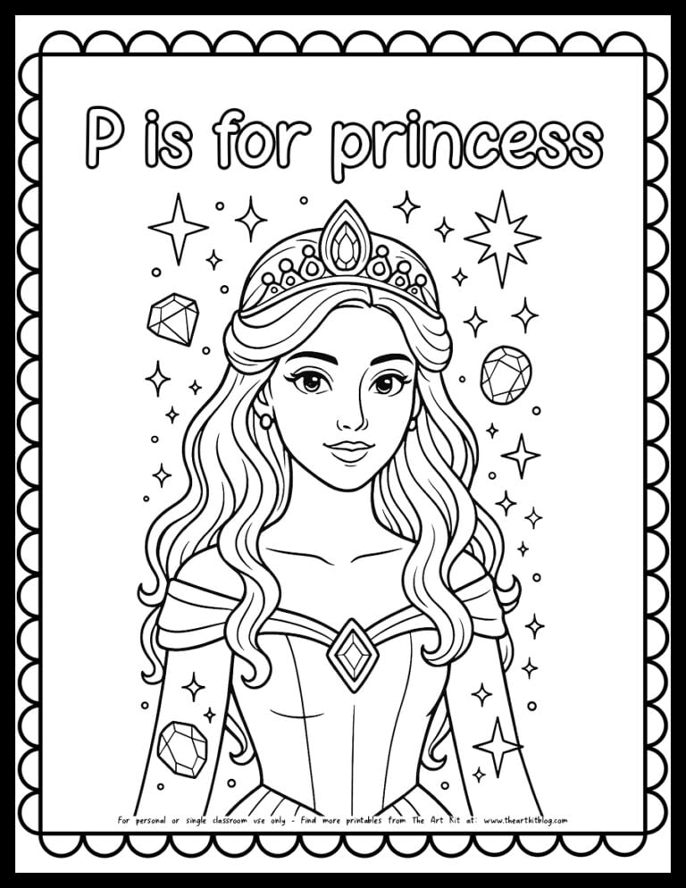 P is for Princess coloring page featuring a smiling princess in a gown and tiara – free printable PDF for preschool and kindergarten kids.