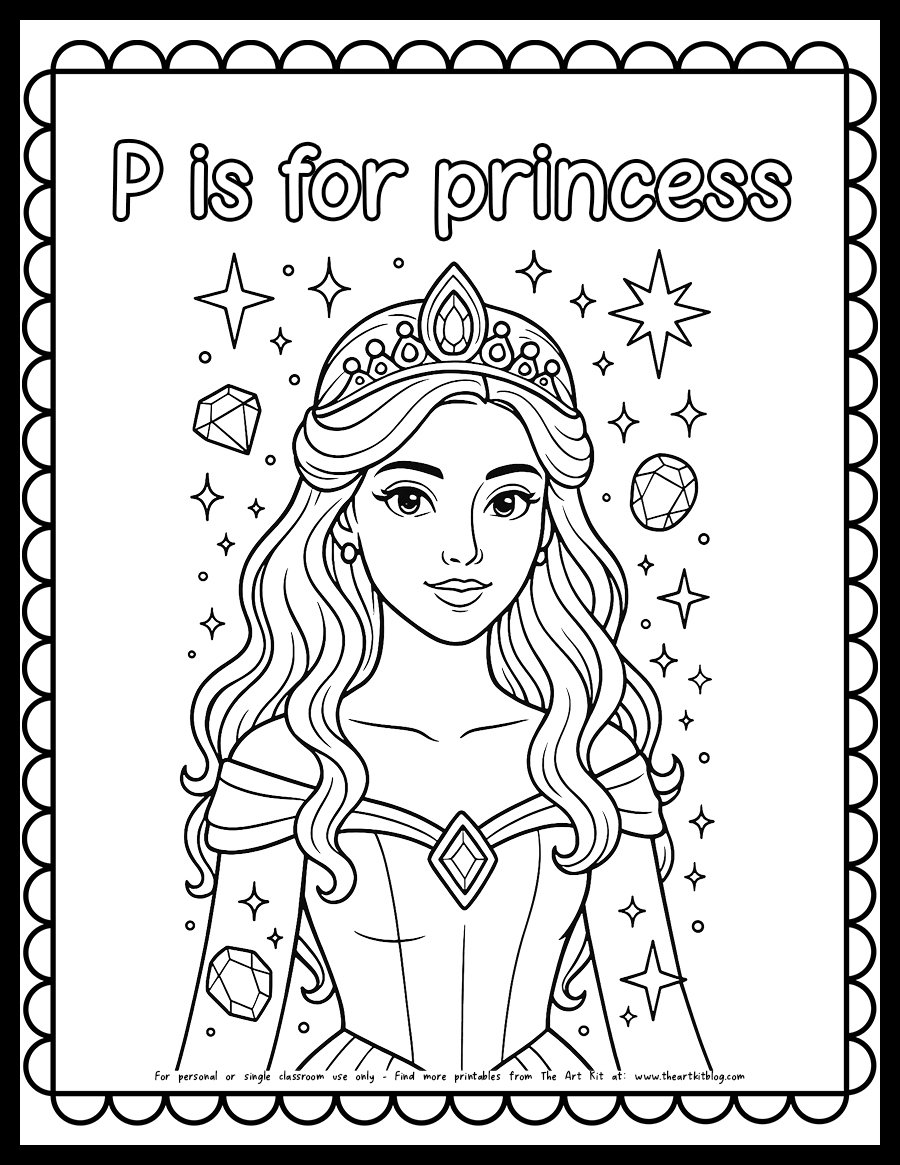 P is for Princess coloring page featuring a smiling princess in a gown and tiara – free printable PDF for preschool and kindergarten kids.