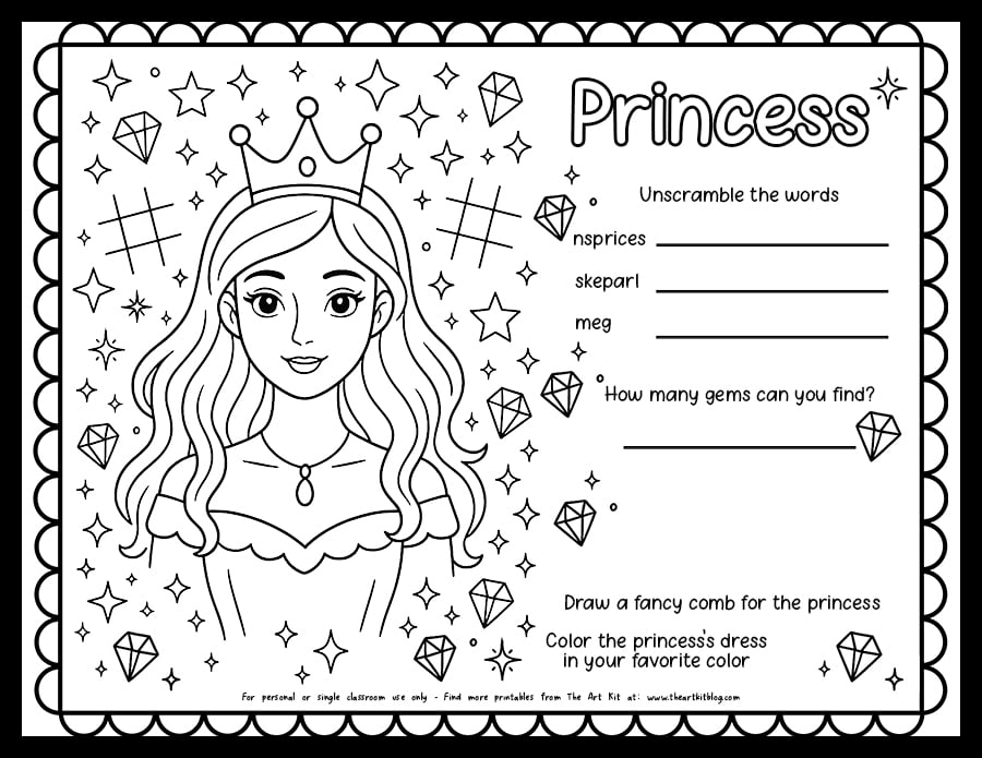 Free princess placemat printable with coloring, maze, and learning games – perfect for kids’ birthday parties and homeschool fun.