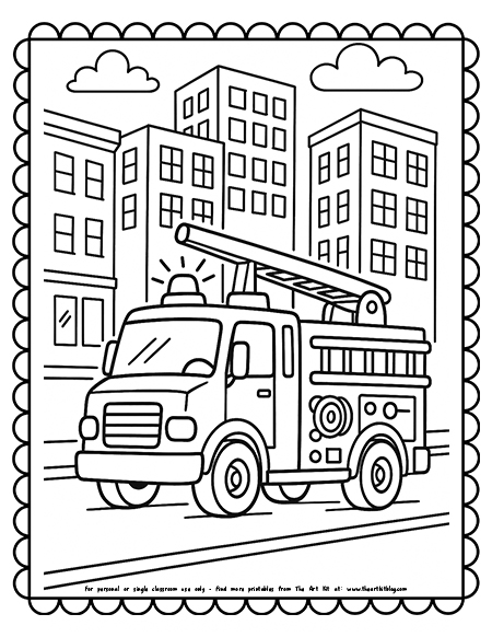 Cartoon fire truck driving through a city street coloring page