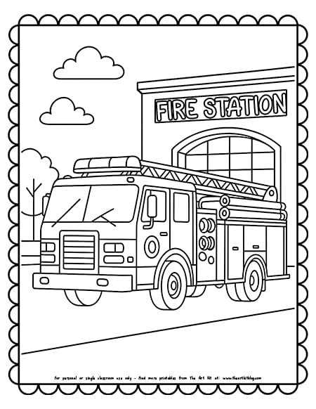 Fire truck at fire station coloring page