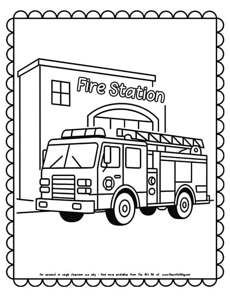 Fire truck at the fire station coloring page