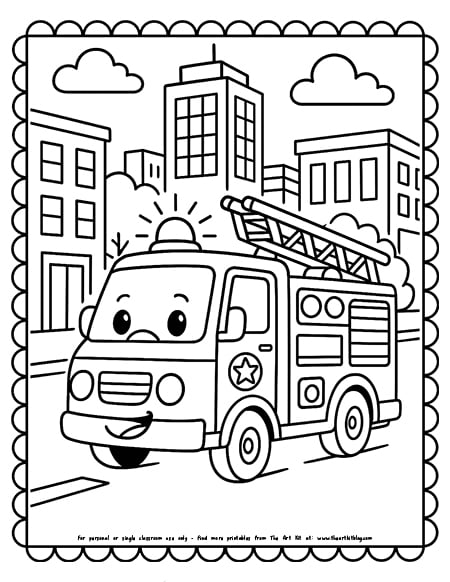 Fire truck driving through a city street coloring page