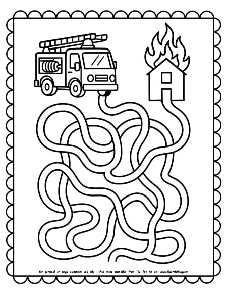 Fire truck maze page help the truck reach the fire coloring page