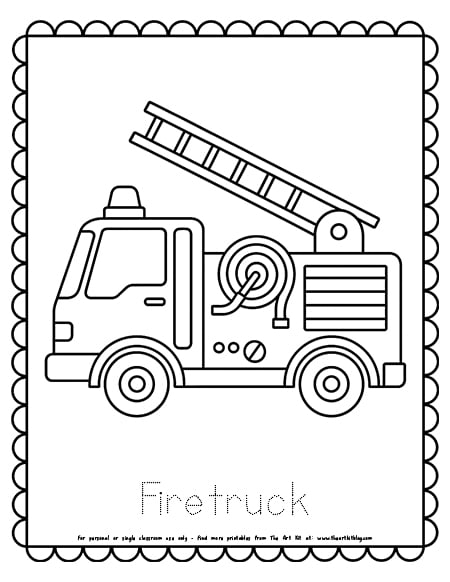 Fire truck with tracing words coloring page