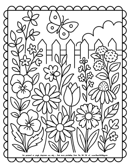 Garden scene coloring page with variety of flowers