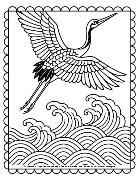 Japanese-crane-bird-flying-waves-coloring-page-the-art-kit copy