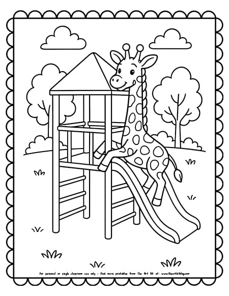 Giraffe at the playground coloring page