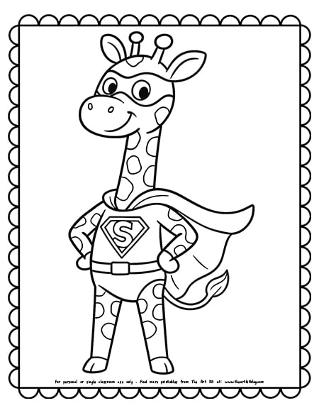 Giraffe dressed as a superhero with cape coloring page