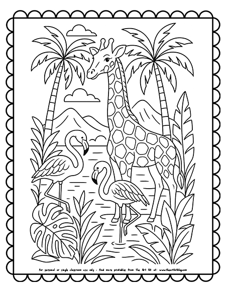 giraffe in a tropical scene with flamingos coloring page