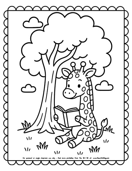 Giraffe reading a book under a tree coloring page