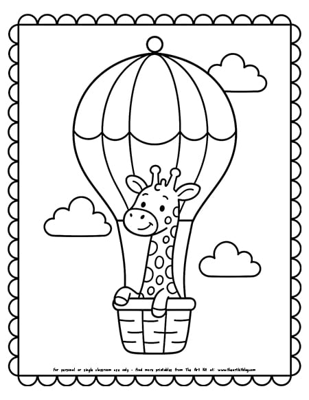 giraffe riding a hot air balloon coloring page