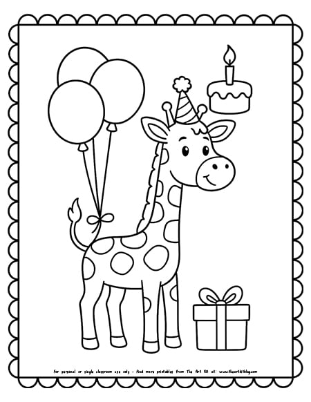 Giraffe with balloons tied to its tail birthday theme coloring page