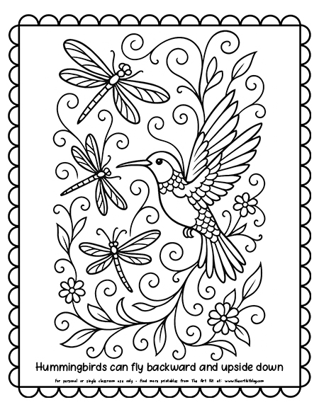 A hummingbird and dragonflies dancing in the air coloring page