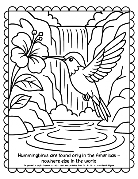 A hummingbird hovering by a waterfall coloring page