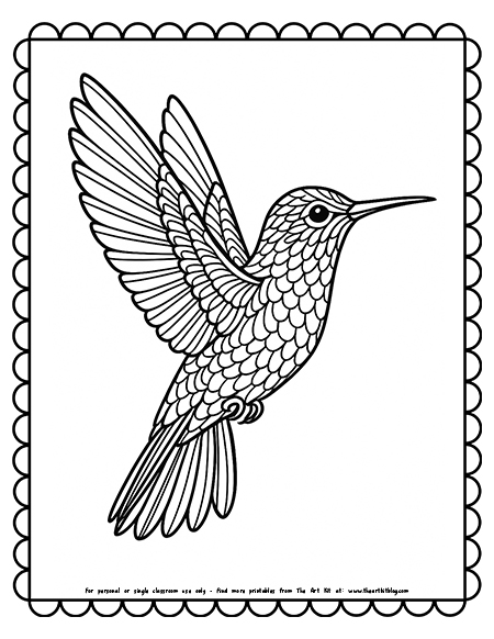 Hummingbird in flight with detailed wing patterns coloring page printable