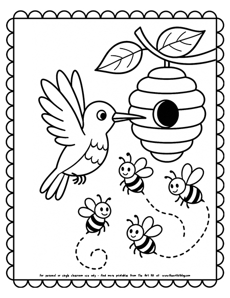 A hummingbird flying near a beehive with bees buzzing coloring page