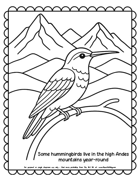 Hummingbird perched with mountains in the background coloring page