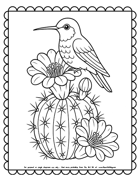 A hummingbird perched on a cactus blossom coloring page