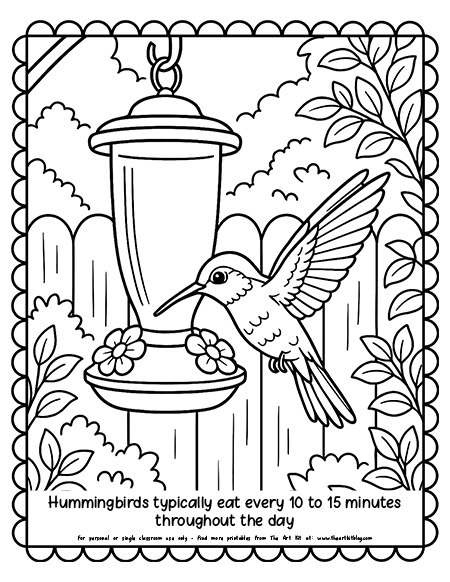 A hummingbird sipping from a feeder in a backyard scene coloring page