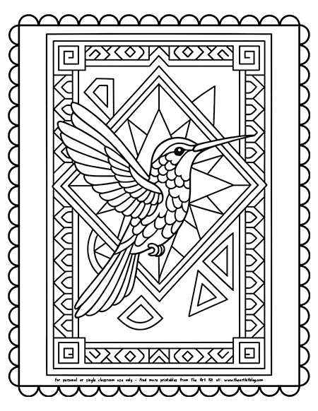 A hummingbird surrounded by geometric patterns coloring page