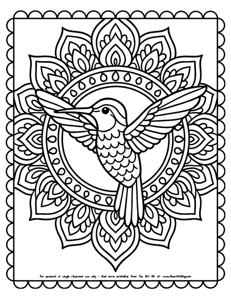 A hummingbird surrounded by mandala patterns coloring page