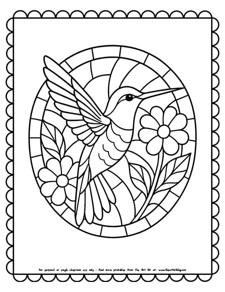 Hummingbird stained glass flowers coloring page