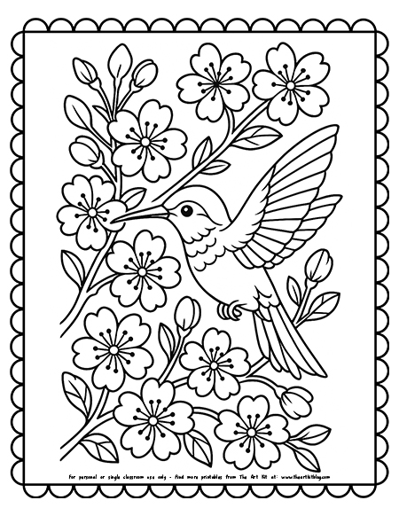 A spring hummingbird surrounded by blooming cherry blossoms coloring page