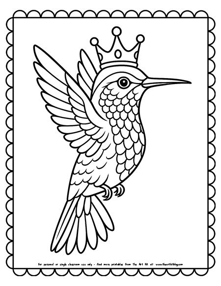 A hummingbird with a crown coloring page