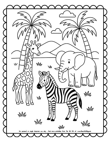 Safari scene: giraffe with zebra, elephant, and palm trees coloring page
