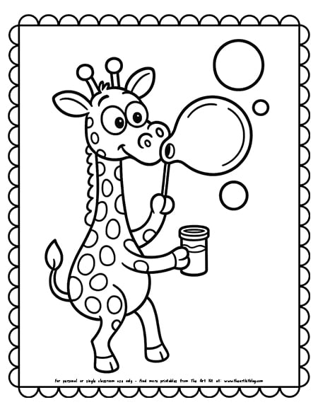 Silly giraffe blowing giant bubbles coloring page