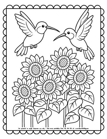 Two hummingbirds hovering over a sunflower field coloring page