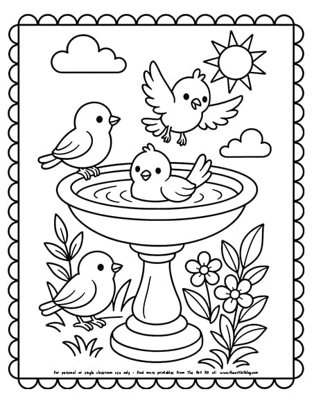 Cute bird bath scene coloring pages