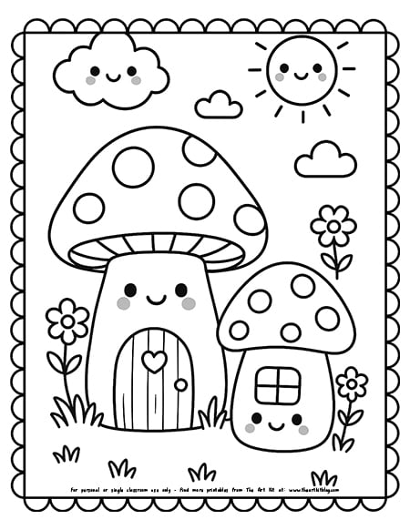 Kawaii mushroom houses coloring pages