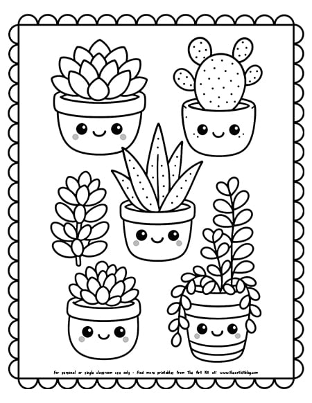 Kawaii succulent collection coloring pages