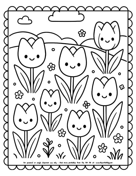 Kawaii tulip meadow coloring pages