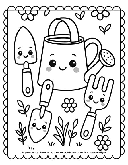 Kawaii watering can and tools coloring pages