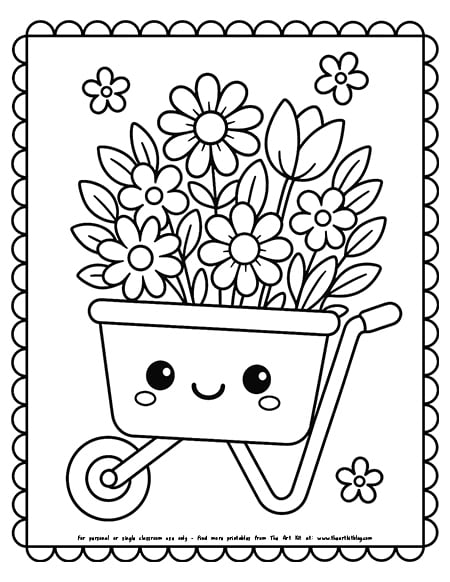 Kawaii wheelbarrow full of flowers coloring pages