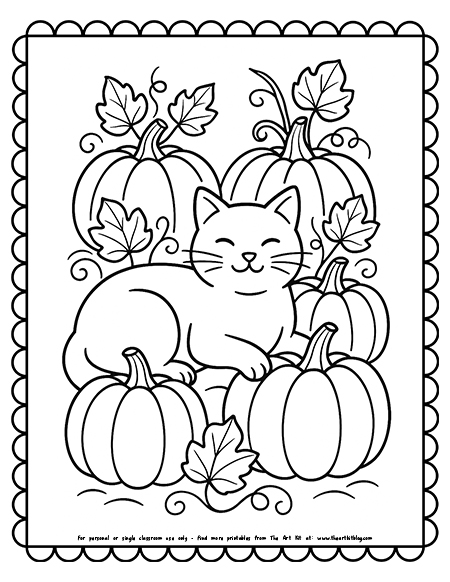 Cat Lounging Among Pumpkins Coloring Pages