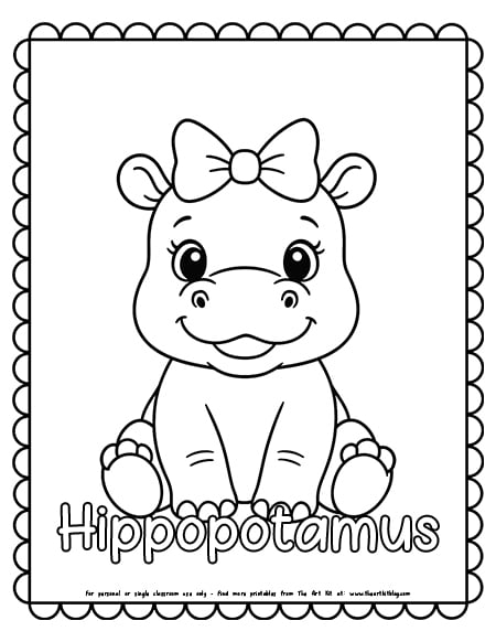 Cute Baby Hippopotamus With A Bow Coloring Page