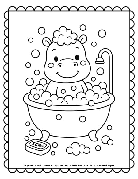 Cute Hippo In A Bubble Bath Coloring Page