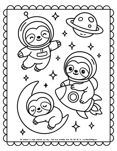 Cute Kawaii Space Sloths Coloring Pages