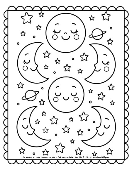 Cute Moon Phases Coloring Pages