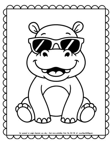 Funny Hippopotamus With Sunglasses Coloring Page