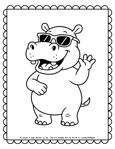 Funny Hippopotamus With Sunglasses Coloring Pages